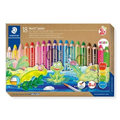 Abbildung von STAEDTLER 3in1 Buntstift Noris junior Bunt ,Wachsmal und Aquarellstift, extra bruchsicher, ideal für Kinder, viele Oberflächen, Kartonetui mit 18 Farben inkl. Spitzer, 140 C18