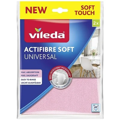 Abbildung von Vileda Actifibre Soft Universal Mikrofasertuch, Reinigungstuch aus 100 Prozent Mikrofaser für streifenfreie Ergebnisse, hohe Saugkraft, ideal alle glatten Oberflächen, rosa und grau, 2er Pack