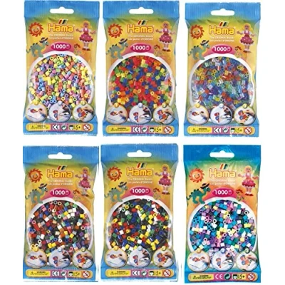 Abbildung von Happy Price Toys Hama Midi Bügelperlen Rund (Kon 12) Konvulut 6 Farben Beutel (Pastell Mix,Neon Mix,Glitter Mix ) + Bügelanleitung mit 3 Design Vorlagen