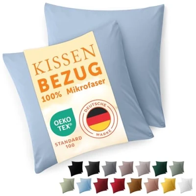 Abbildung von Blumtal Kissenbezug 40x40 cm im 2er Set weich Oeko TEX zert. Mikrofaser Kopfkissenbezug Kissenhülle waschbar weicher Kissen Bezug Blau