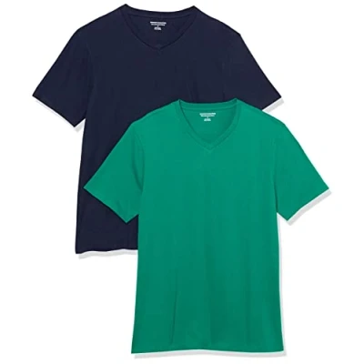 Abbildung von Amazon Essentials Herren Kurzärmelige T Shirts mit V Ausschnitt, 2er Pack, Marineblau/Smaragdgrün, L