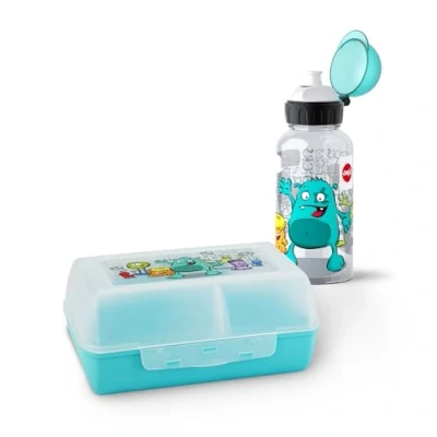 Abbildung von Emsa Kids Set mit Monster Motiv, Trinkflasche + Brotdose, 400 ml auslaufsichere Flasche, Dose verschiebbarer Trennwand, Pink, 518138
