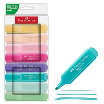 Abbildung von FABER CASTELL 254658 Textmarker Set 46, 8 Pastell mit langlebiger Keilspitze, Strichbreite 1 5 mm, nachfüllbar