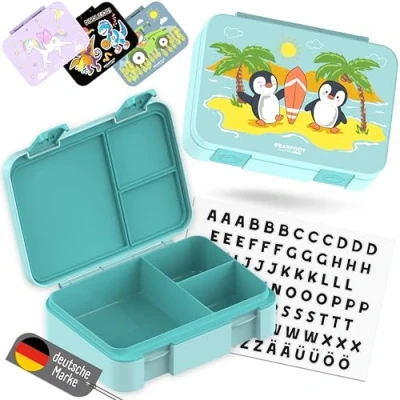 Abbildung von BEARFOOT Bento Box COMPACT BPA freie Kinder Brotdose für Schule &amp; Kindergarten Auslaufsichere Lunchbox Mädchen Jungen Praktisch, leicht kompakt (Pinguin mint, 950ml)