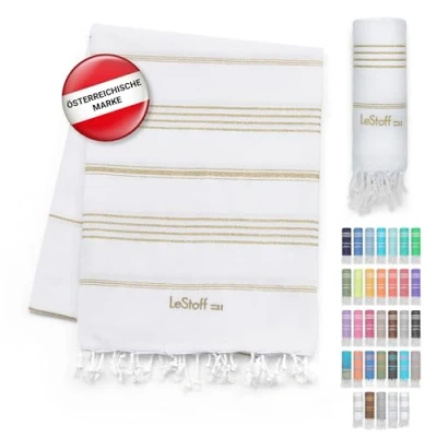 Abbildung von LeStoff Premium Hamamtuch 100% Bio Baumwolle Vorgewaschen, Nachhaltig, Saugstark &amp; Schnelltrocknend Strand, Bade, Dusch, Yoga, Spa Reise Tuch (95 x 180 cm, White Gold)