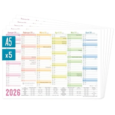 Abbildung von Häfft® 5 x Tafelkalender 2026 A4 quer &quot;Rainbow&quot; Jahresplaner, Wandkalender, Jahreskalender inkl. Kleine Übersicht Folgejahr, Feiertage &amp; Ferienübersicht nachhaltig klimafreundlich