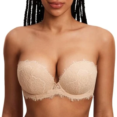 Abbildung von DOBREVA Damen Trägerloser Push Up BH Spitzen Tiefer Ausschnitt Bügel BHS Gepolsterter mit Abnehmbaren Trägern Beige 85A