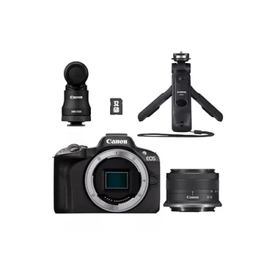 Abbildung von Canon EOS R50 Creator Kit Vlogging Kamera + RF S 18 45mm is STM Objektiv Griffstativ Mikrofon Spiegellose (Systemkamera, Digitalkamera mit Autofokus und Motiverkennung, 4K Video)