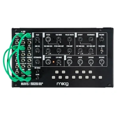 Abbildung von MOOG Mavis Standalone semi modulares Analog Synthesizer Kit mit Keyboard, Oszillator, Filter, Hüllkurvengenerator, Wavefolder, Staubschutz