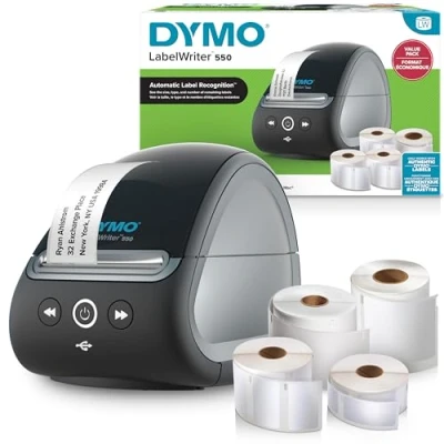 Abbildung von DYMO LabelWriter 550 Etikettendrucker &amp; Etiketten 2x LW Mehrzwecketiketten (1.320 insg.) 1x für Namensschilder (300 pro Rolle) Hochleistungsetiketten (160 EU Stecker