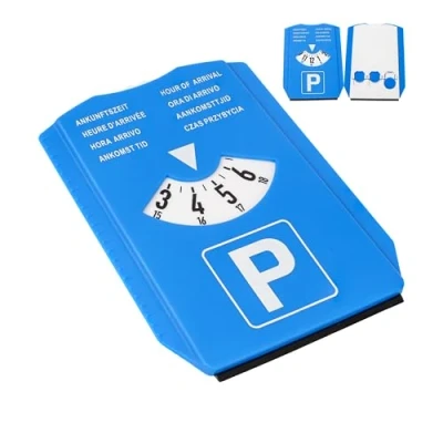 Abbildung von Parkscheibe mit Eiskratzer, 1 Stück, in Blau, acht Sprachen, Parkuhr inkl. 3 x Einkaufswagenchip, für Auto, LKW, Wohnmobil, Parking Disc Blue, Parkscheiben, Parkkarte, Park Scheibe Ankunftszeit