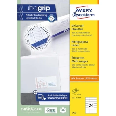 Abbildung von AVERY Zweckform 3422 Adressaufkleber (2.400 Klebeetiketten, 70x35mm auf A4, Papier matt, bedruckbare Absenderetiketten, selbstklebende Adressetiketten mit ultragrip) 100 Blatt, weiß