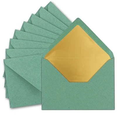 Abbildung von 50x DIN C5 Kuverts 15,6 x 22 cm aus Kraft Papier in Eukalyptus (Grün) mit goldenem Seidenfutter Nassklebung Blanko Brief Umschläge Recycling Serie UmWelt