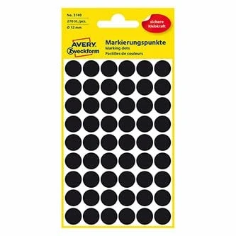 Abbildung von AVERY Zweckform 3140 selbstklebende Markierungspunkte 270 Stück (Ø12mm, Klebepunkte auf 5 Bogen, Punktaufkleber zur Farbcodierung, runde Aufkleber für Kalender, Planer und zum Basteln, Papier) schwarz