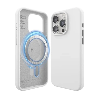 Abbildung von elago Magnetische Silikonhülle Kompatibel mit iPhone 15 Pro Hülle, MagSafe Alles Zubehör, Integrierte Magnet, Premium Silikon, Ganzkörper Schutzhülle [5 Lagige Struktur] (Weiß)