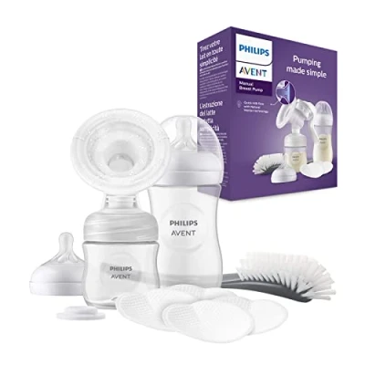 Abbildung von Philips Avent Handmilchpumpe, Geschenkset Einzelmilchpumpe, Babyflachen mit 260 ml und 125 ml, BPA frei, 4 Einweg Stilleinlagen, Polypropylen, Transparent (Modell SCD430/60)