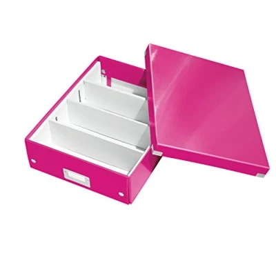 Abbildung von Leitz Click &amp; Store Aufbewahrungsbox mit Deckel Mittel Groß, Box Trennwänden für Zubehör im Büro oder Utensilien Haushalt, Transportbox aus 85 % recycelter Premium Hartpappe, Pink, 60580023