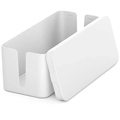 Abbildung von deleyCON Kabelmanagement Box Kabel Organizer Kabelkasten 32,7cm x 13,5cm 12,5cm Robuster Kunststoff 2 Seitliche Kabelführungen Schutz und Sicherheit Weiß