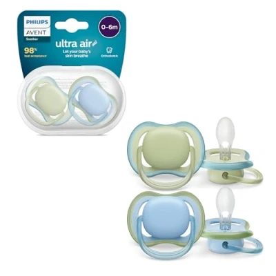Abbildung von Philips Avent ultra air Schnuller Leichte, atmungsaktive für Babys im Alter von 06 Monaten, BPA frei mit Transportbehälter als Sterilisator, 2er Pack, Modell SCF085/21