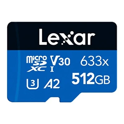Abbildung von Lexar 633x 512GB Micro SD Karte, microSDXC UHS I Karte + Adapter, Bis zu 100 MB/s Lesen, Speicherkarte mit A2, C10, U3, V30, für Handy/Tablet//Überwachungskamera (LMS0633512G BNAAA)