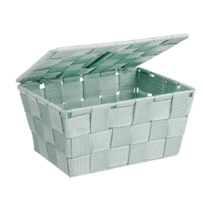 Abbildung von WENKO Badkorb mit Deckel Mod. Adria stilvolle Aufbewahrungsbox für Bad Kinderzimmer und Haushalt in modernem Mint aus Kunststoff Geflecht 19 x 10 14 cm