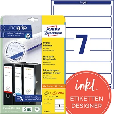 Abbildung von AVERY Zweckform L4760 25 Ordnerrücken Etiketten (210 Rückenschilder mit ultragrip, 38x192mm auf A4, schmal/kurz, selbstklebend, absolut blickdicht, bedruckbare Ordneretiketten) 30 Blatt, weiß