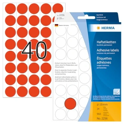 Abbildung von HERMA 2256 Punktaufkleber Klebepunkte perforiert leuchtrot, 960 Stück, Ø 19 mm, 40 pro Bogen, selbstklebend, Markierungspunkte für Kalender Planer, matt, blanko Papier Farbpunkte Aufkleber