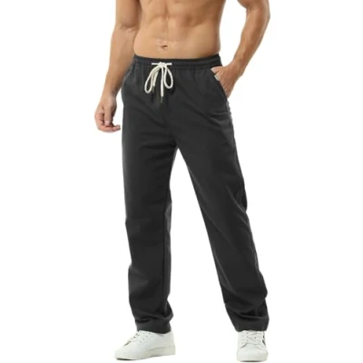 Abbildung von HOEREV Men Casual Strandhosen Leinen Hose Gr. XL (Taille 39 41 zoll), Schwarz