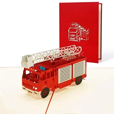 Abbildung von Geburtstagskarte mit Feuerwehrauto, 3D Pop Up Einladung Kindergeburtstag, Einladungskarte, Gutschein, Glückwunschkarte, Grußkarte, Geschenkkarte, T15