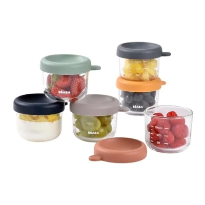 Abbildung von BÉABA, Sunrise Set mit 6 Glasportionen zur Aufbewahrung von Babynahrung/Glas, robust, 100% luftdicht, beständig gegen Kälte, Einfrieren, Sterilisation, Skala, 150 ml
