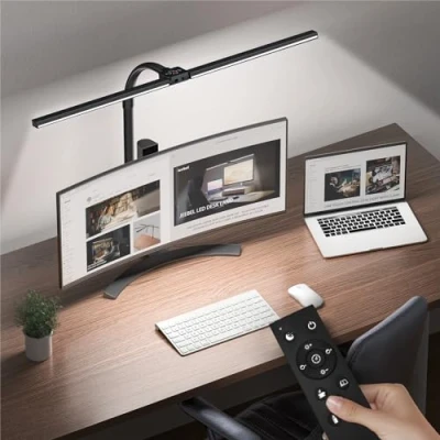 Abbildung von Jeebel Schreibtischlampe LED Dimmbar 24W 80cm Doppelkopf Schreibtisch Lampe Klemmbar Schwanenhals Architektenlampe für Büro mit Fernbedienung 360 Rotation 10 Farbtemperatur 10Helligkeitsstufe
