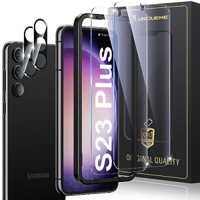 Abbildung von UniqueMe 2023 für Samsung Galaxy S23 Plus Panzer Schutz Glas mit Schablone 2 Stück 9H Prime Schutzglas und Kameraschutz, [9H Härte] [Kratzfest] HD Klar Displayschutz
