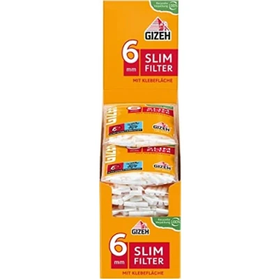 Abbildung von GIZEH Slim Filter 6mm Durchmesser mit Klebefläche für besseren Halt 20er Pack á 120 15mm Länge in wieder verschließbarem Beutel