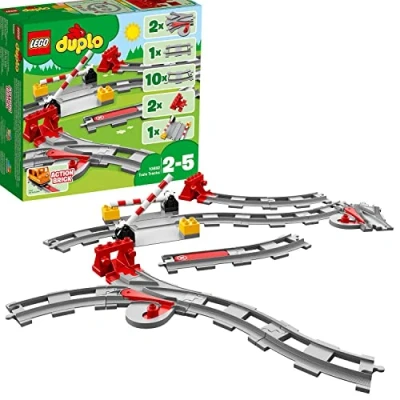 Abbildung von LEGO DUPLO Eisenbahn Schienen, Zugschienen Bauset mit rotem Signalstein, Kinderspielzeug für Jungen und Mädchen ab 2 Jahren, Steine 10882