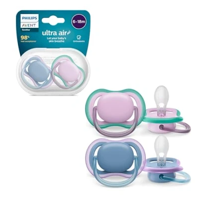 Abbildung von Philips Avent ultra air Schnuller Leichte, atmungsaktive für Babys im Alter von 618 Monaten, BPA frei mit Transportbehälter als Sterilisator, 2er Pack, Modell SCF085/34