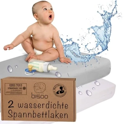 Abbildung von Bisoo Spannbettlaken 60x120 Baby Matratzenschoner Wasserdicht Bettlaken für Babybett Wiege 100% Baumwolljersey Öko Tex wasserdichte Spannbetttuch 120x60 2 Stück Set Weiß + Grau