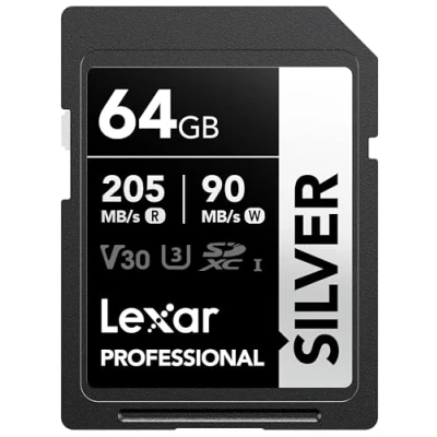 Abbildung von Lexar Silver SD Karte 64GB, UHS I SDXC Card 205 MB/s Read Speed, 90 Write V30, U3, C10, 4K UHD Video, Memory with Lifetime Data Recovery