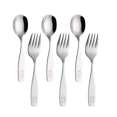 Abbildung von Exzact Kinderbesteck Edelstahl 6 teiliges Set/Kinderbesteck/Kleinkinder Utensilien/Besteck 3 x Gabeln, Esslöffel Hund &amp; Häschen