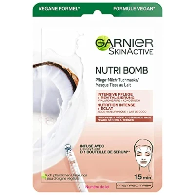 Abbildung von Garnier Tuchmaske, Gesichtsmaske für trockene und müde Haut, Intensive Pflege Revitalisierung, Vegane Formel mit Kokosmilch Hyaluronsäure, Nutri Bomb, 28 g