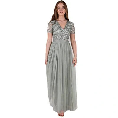 Abbildung von Maya Deluxe Damen Stripe Embellished Maxi With Sash Belt Bridesmaid Dress, Green Lily, 38 EU