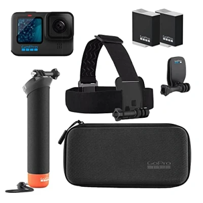 Abbildung von GoPro HERO11 Schwarzes Zubehörpaket Enthält zusätzlichen Enduro Akku (insgesamt 2), The Handler (schwimmender Handgriff), Kopfband + Quick Clip und Tragetasche