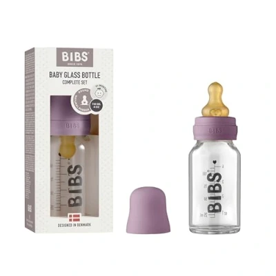 Abbildung von BIBS Baby Glass Bottle, Vermindert Koliken, Runder Sauger aus Naturkautschuklatex, Unterstützt das Stillen. Hergestellt in Dänemark, Complete Set 110 ml, Mauve