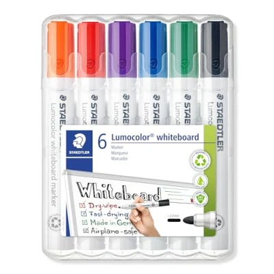 Abbildung von STAEDTLER Whiteboard Marker Lumocolor, trocken und rückstandsfrei abwischbar von Whiteboards, Rundspitze, ca. 2 mm Linienbreite, hohe Qualität, Set mit 6 Farben, 351 WP6