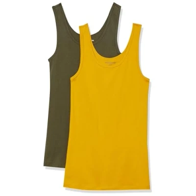 Abbildung von Amazon Essentials Damen Tanktop schlanke Passform, 2er Pack, Dunkles Olivgrün/Gold, L