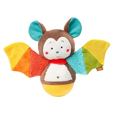 Abbildung von Fehn Stehaufmännchen Fledermaus Stehauffigur Motorikspielzeug zum Greifen, Fühlen und Stupsen Stehauf mit Raschelpapier Glöckchen für Babys Kleinkinder ab 0+ Monaten