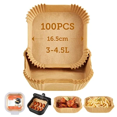 Abbildung von Cosori Backpapier für Heißluftfritteuse XL 3 4,5 L, 100 Stück 16.5 cm, ungebleichtes Airfryer zubehör, antihaftbeschichtete Einwegschalen, Pergamentpapier, kompatibel mit gängigen Heißluftfritteusen