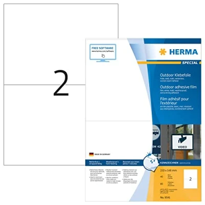 Abbildung von HERMA 9541 Wetterfeste Folienetiketten, 40 Blatt, 210 x 148 mm, 2 pro A4 Bogen, 80 Stück, selbstklebend, bedruckbar, matt, blanko Outdoor Klebeetiketten Aufkleber aus Polyethylen, weiß