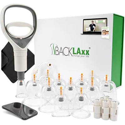 Abbildung von BACKLAXX ® Schröpfgläser mit Vakuumpumpe Hochwertig schröpfen bruchfestem Schröpfglas aus Kunststoff, Schröpfset Therapiemagneten inkl. Videokurs (12 Stück), Set