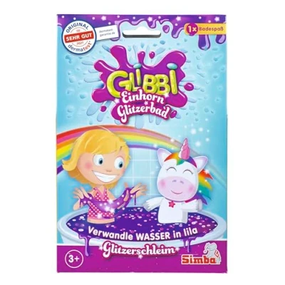 Abbildung von Simba 105953271 Glibbi Einhorn Glitzerbad, Badewannenspielzeug, Unicorn, Schleim, Badezusatz, Pulver verwandelt Wasser in lila Glitzerschleim, ab 3 Jahren, 3.8 x 11.8 cm