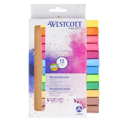Abbildung von Westcott Kreide 12 Stück Bunt 12er Pack Tafelkreide mit 1,2cm ⌀ in leuchtenden Farben staubarm &amp; leicht abwischbar 8,5cm lange Kreidestifte E 744983 00